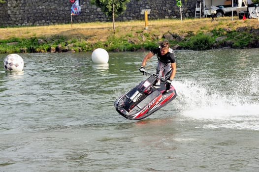 Ales - France - on July 14th, 2013 - Championship of France of Jet Ski on the river Gardon. lifting category or freestyle