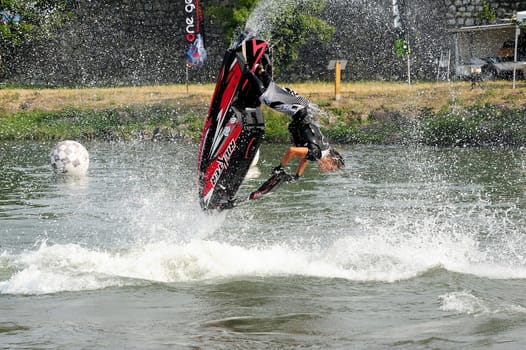 Ales - France - on July 14th, 2013 - Championship of France of Jet Ski on the river Gardon. lifting category or freestyle