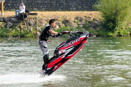 Ales - France - on July 14th, 2013 - Championship of France of Jet Ski on the river Gardon. lifting category or freestyle