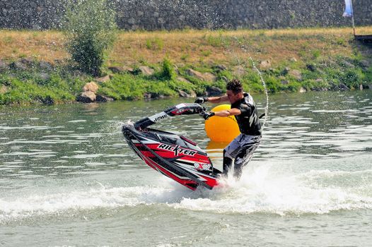 Ales - France - on July 14th, 2013 - Championship of France of Jet Ski on the river Gardon. lifting category or freestyle