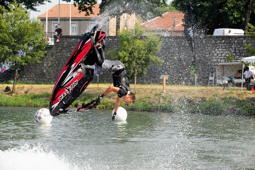 Ales - France - on July 14th, 2013 - Championship of France of Jet Ski on the river Gardon. lifting category or freestyle