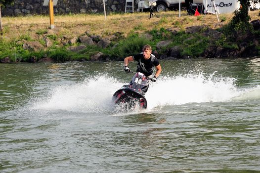 Ales - France - on July 14th, 2013 - Championship of France of Jet Ski on the river Gardon. lifting category or freestyle