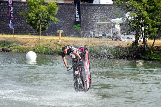 Ales - France - on July 14th, 2013 - Championship of France of Jet Ski on the river Gardon. lifting category or freestyle