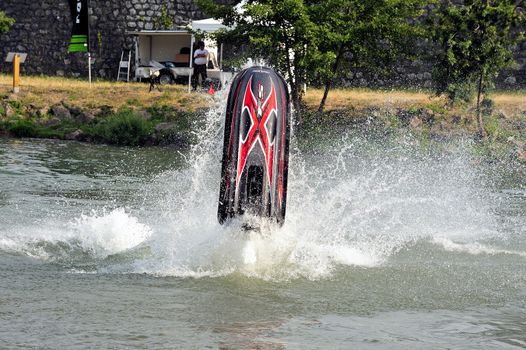 Ales - France - on July 14th, 2013 - Championship of France of Jet Ski on the river Gardon. lifting category or freestyle