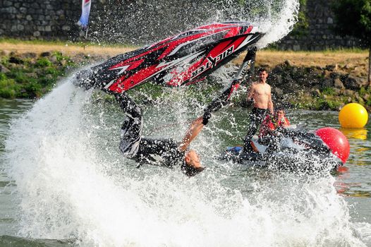 Ales - France - on July 14th, 2013 - Championship of France of Jet Ski on the river Gardon. lifting category or freestyle