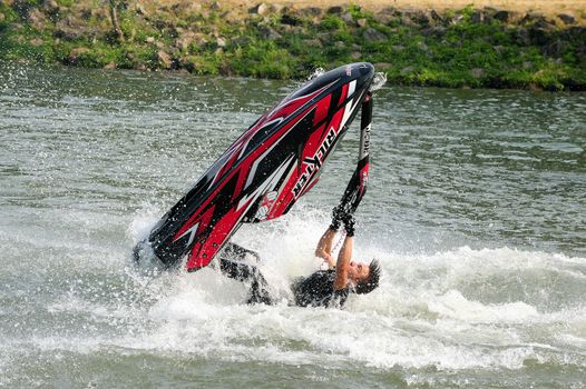 Ales - France - on July 14th, 2013 - Championship of France of Jet Ski on the river Gardon. lifting category or freestyle