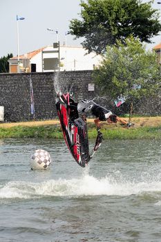 Ales - France - on July 14th, 2013 - Championship of France of Jet Ski on the river Gardon. lifting category or freestyle