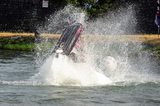 Ales - France - on July 14th, 2013 - Championship of France of Jet Ski on the river Gardon. lifting category or freestyle