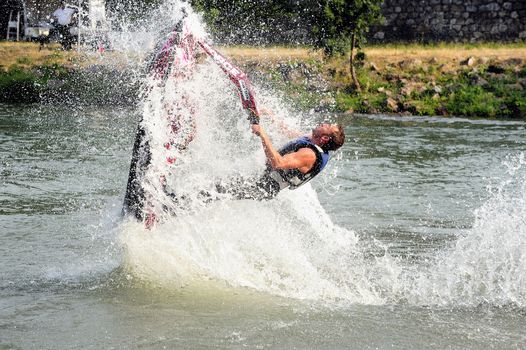 Ales - France - on July 14th, 2013 - Championship of France of Jet Ski on the river Gardon. lifting category or freestyle