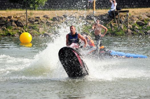 Ales - France - on July 14th, 2013 - Championship of France of Jet Ski on the river Gardon. lifting category or freestyle