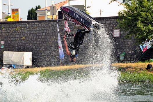 Ales - France - on July 14th, 2013 - Championship of France of Jet Ski on the river Gardon. lifting category or freestyle