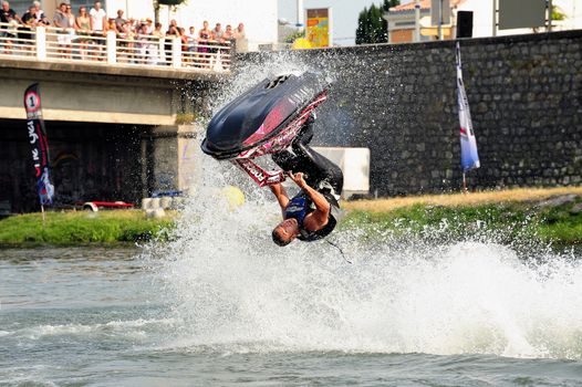 Ales - France - on July 14th, 2013 - Championship of France of Jet Ski on the river Gardon. lifting category or freestyle