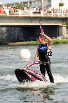 Ales - France - on July 14th, 2013 - Championship of France of Jet Ski on the river Gardon. lifting category or freestyle