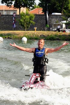 Ales - France - on July 14th, 2013 - Championship of France of Jet Ski on the river Gardon. lifting category or freestyle