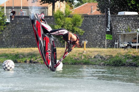 Ales - France - on July 14th, 2013 - Championship of France of Jet Ski on the river Gardon. lifting category or freestyle