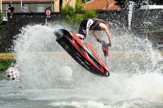 Ales - France - on July 14th, 2013 - Championship of France of Jet Ski on the river Gardon. lifting category or freestyle