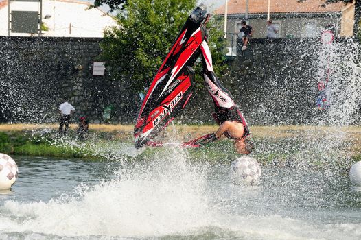 Ales - France - on July 14th, 2013 - Championship of France of Jet Ski on the river Gardon. lifting category or freestyle