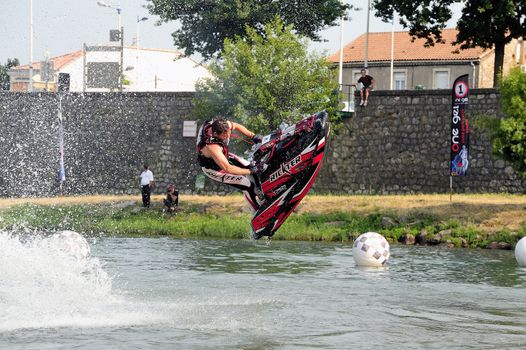 Ales - France - on July 14th, 2013 - Championship of France of Jet Ski on the river Gardon. lifting category or freestyle