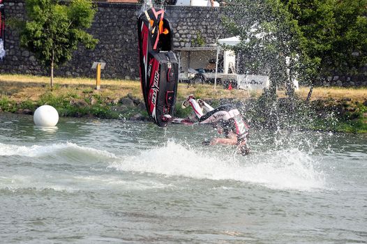 Ales - France - on July 14th, 2013 - Championship of France of Jet Ski on the river Gardon. lifting category or freestyle