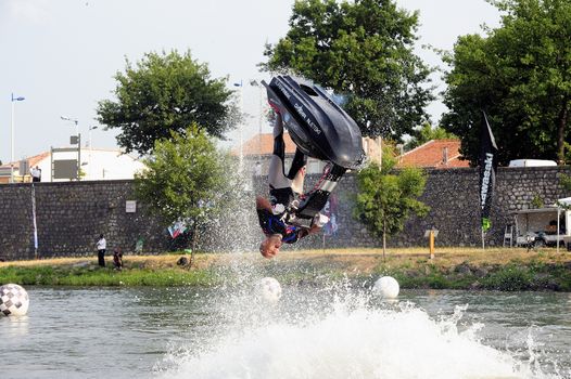 Ales - France - on July 14th, 2013 - Championship of France of Jet Ski on the river Gardon. lifting category or freestyle