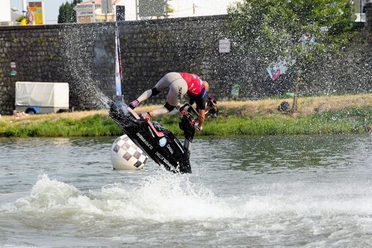 Ales - France - on July 14th, 2013 - Championship of France of Jet Ski on the river Gardon. lifting category or freestyle