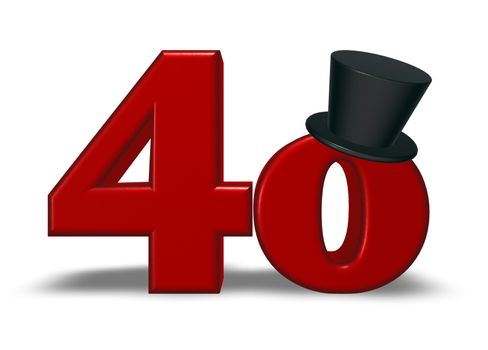 red number forty with topper on white background - 3d illustration