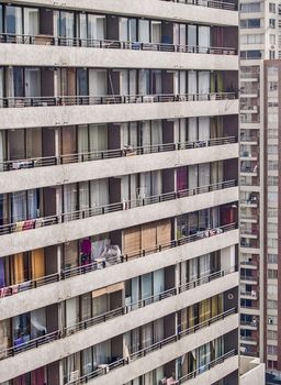 Santiago, June 2013. Closeup of a residential building at downtown in Santiago de chile. 5.5 million population. Detail of balconies.