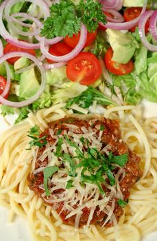 Delightful spaghetti bolognese and salad.
