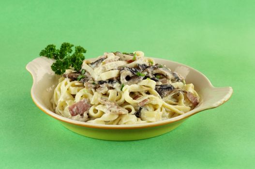 Bowl of delicious freshly made fettucini carbonara ready to serve.