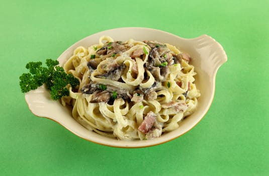 Bowl of delicious freshly made fettucini carbonara ready to serve.