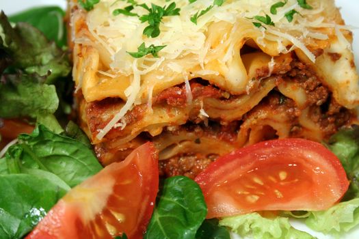 Delicious lasanga and salad ready to serve.