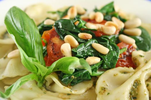 Pasta with pesto and spinach, cherry tomatoes and pine nuts.