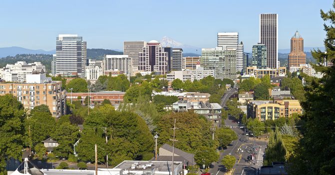 Portland Oregon skyline panorama from vista bridge eastbound.