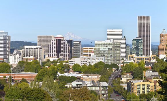 Portland Oregon downtown skyline and Mt. Hood.