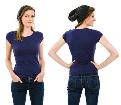 Photo of a young adult female with long hair posing with a blank purple shirt and beanie.  Front and back views ready for your artwork or designs.
