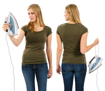 Photo of a teenage female with long blond hair posing with a blank green shirt and holding an iron.  Front and back views ready for your artwork or designs.