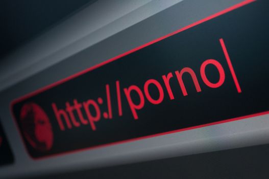 Close Up of Web Browser - Red Porno Sign in Address Bar - Shallow Depth of Field
