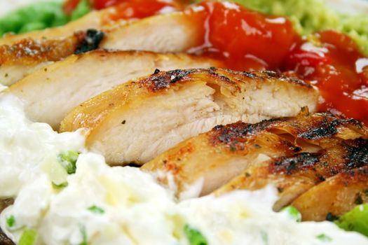 Beautiful sliced roasted chicken with tomato salsa and lettuce.