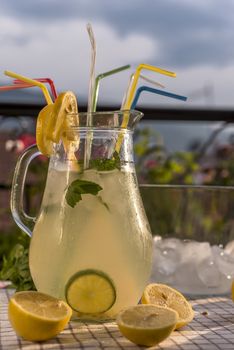 Ready made cold lemon juice on hot summer day