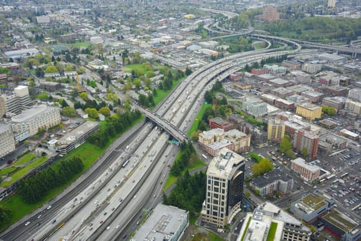 an aerial view of city with highway at seattle