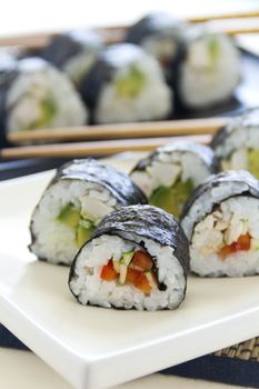 Delicious freshly rolled chicken sushi ready to serve.