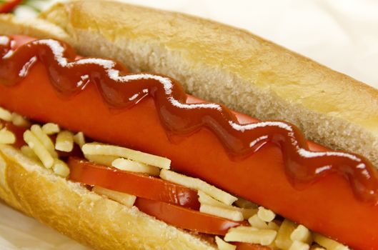 Close up of a hot dog with ketchup and cheese ready to serve.
