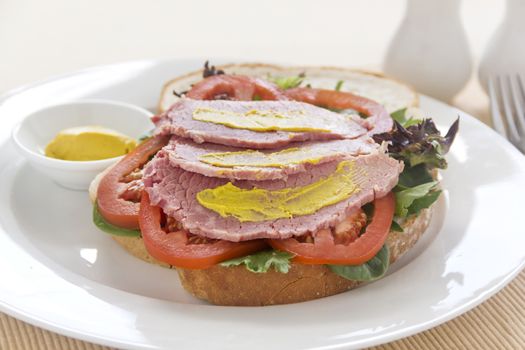 Delicious open corned beef open sandwich with mustard and fresh garden salad.