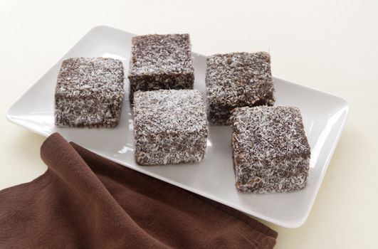 The iconic Australian cake the lamington made with chocolate and coconut.