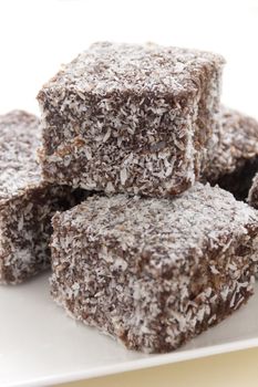 The iconic Australian cake the lamington made with chocolate and coconut.