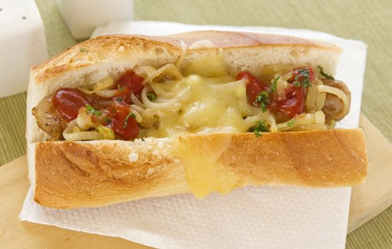 Hot dog with melted cheddar cheese with onion and ketchup.