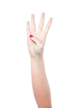 Hand showing number four, white background