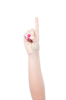 Hand showing number one, white background