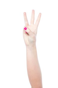 Hand showing number three, white background