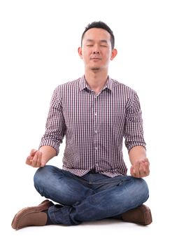 Calm Asian meditation man in lotus position. Full body sitting isolated over white background. Asian male model.